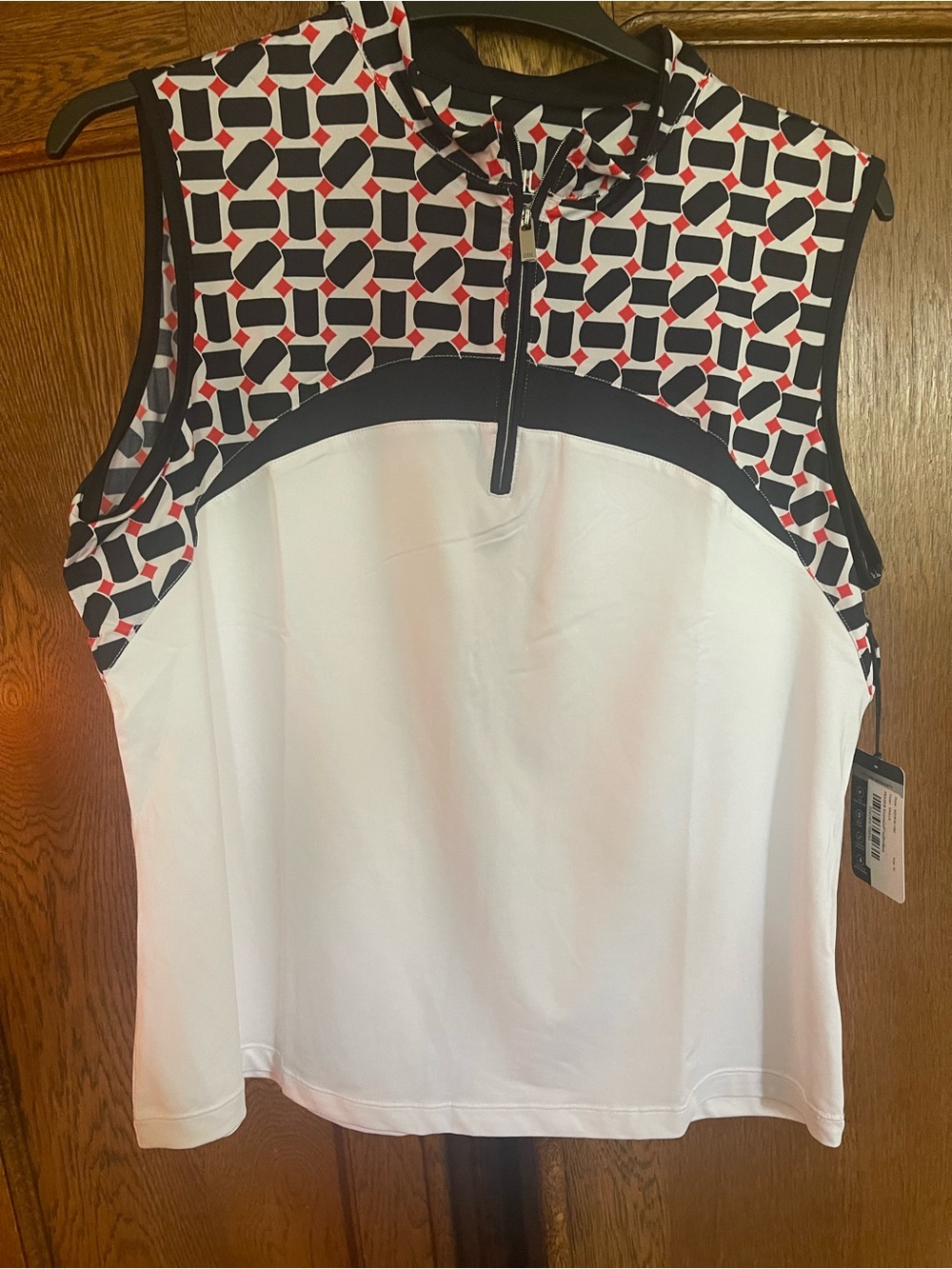 Tail Women's Geo-Print White Tank Top with Black Trim and Red Accents